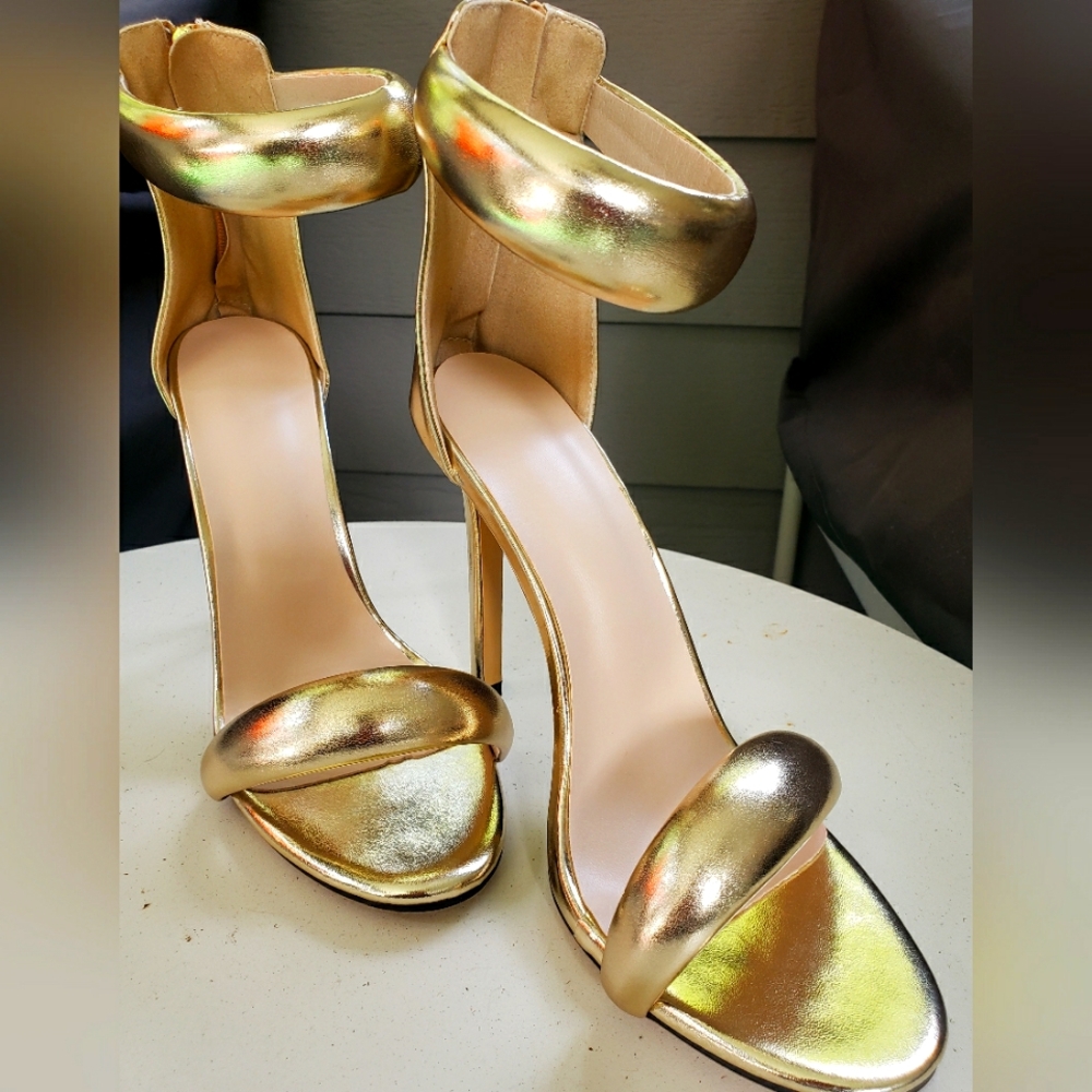 Metallic Gold Open Toe Strap Heel